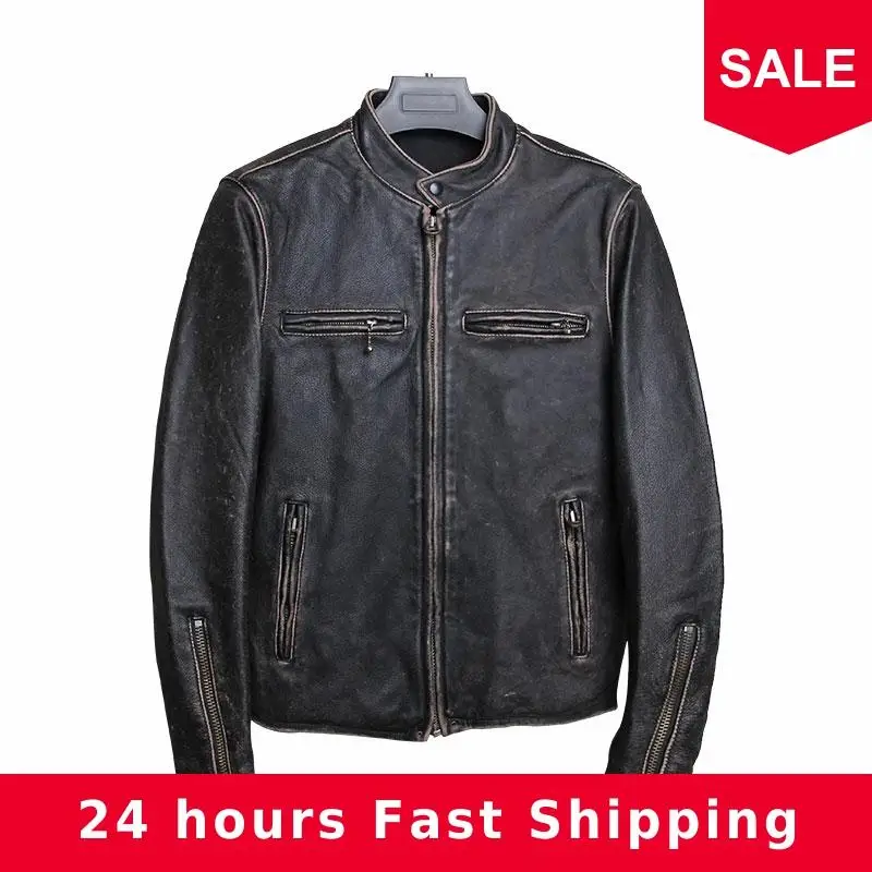 

2020 Vintage Black Men Slim Fit Biker's Leather Jacket Plus Size XXXXL Genuine Cowhide American Style Motorcycle Leather Coat