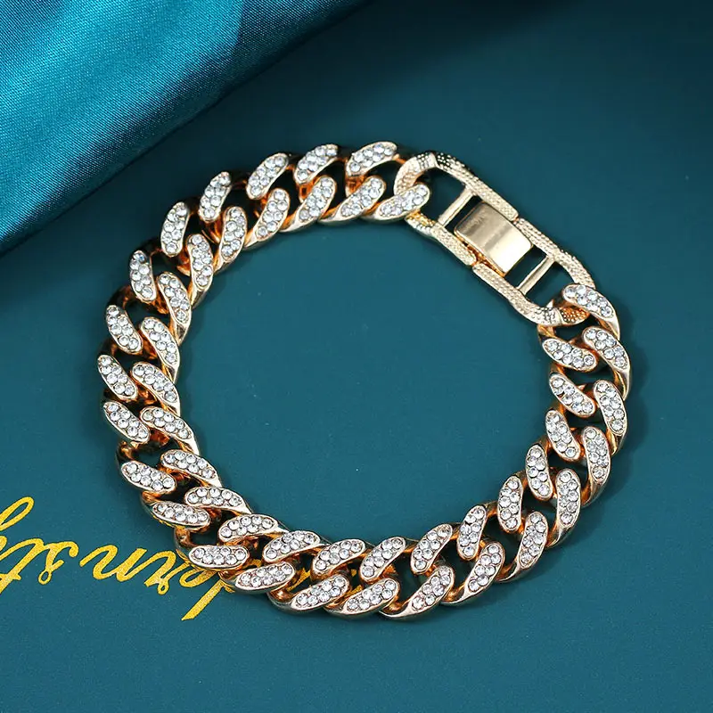 New Fashion Luxury 12mm Iced Out Cuban Link Chain Bracelet for Women Men Gold Silver Color Bling Rhinestone Bracelet Jewelry