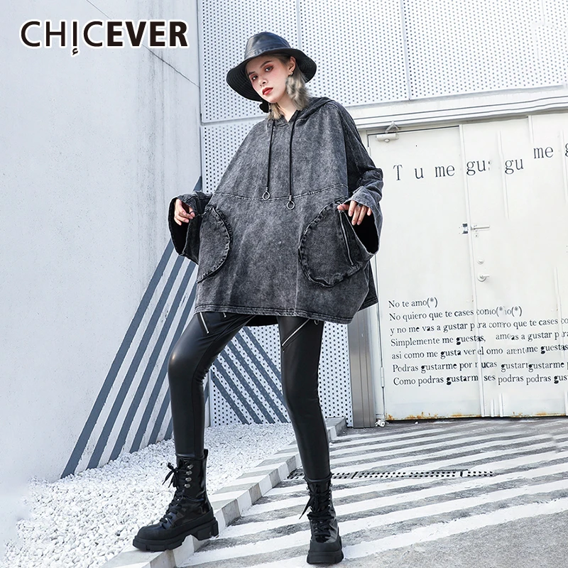 CHICEVER корейский джинсовый спортивный свитер для женщин с капюшоном рукав летучая мышь рукав оверсайз Свободная Повседневная Женская толстовка модная новинка