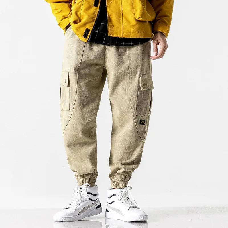 

City Where the Product Three-Color Patch Pocket Knee Labeling Bib Overall Multi-pockets Lace-up Ankle Banded Pants Capri Pants Y