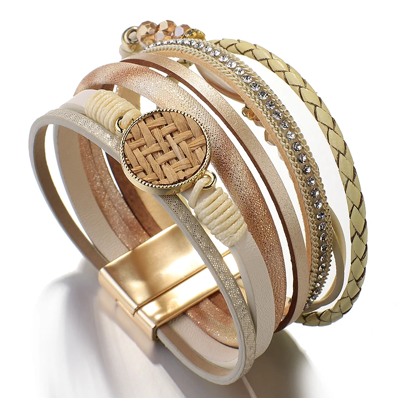 Женские кожаные браслеты ALLYES богемные плетеные из ротанга соломы стразы широкий