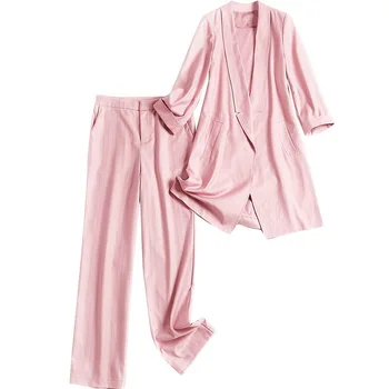 

2019 Fashion Turn Down Collar Long Striped Blazer Top Pencil Pant Suits Set Formal Women Office Lady 2 Pieces Sets