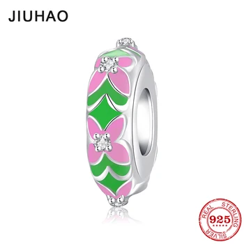 

925 Sterling Silver round shape pink enamel flower fine spacer Stopper beads Fit Original European Charm Bracelet Jewelry making