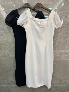 

2020 Spring and Summer New Women's Square Collar Beaded Chain Stitching Neckline Decoration Solid Color Dress 623