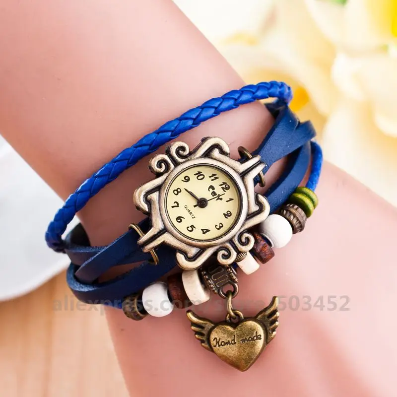 100 шт./лот Сердце Любовь Ретро часы винтажные Крылья ангела кулон дамы браслет PU