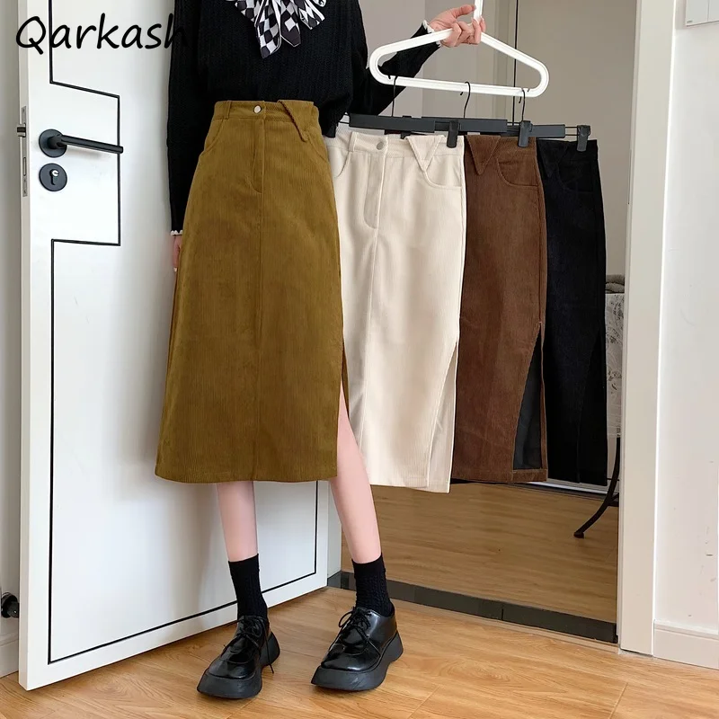 

Skirts Women A-line Elegant Female Side-slit Simple Pockets Leisure Tender Basic Mid-calf Stylish Vintage Newest Daily Prevalent