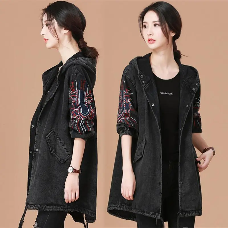 Finest  Vangull Ladies Denim Jacket With Embroidery Women Bf Style Long Sleeve Loose Streetwear Jeans Jacke