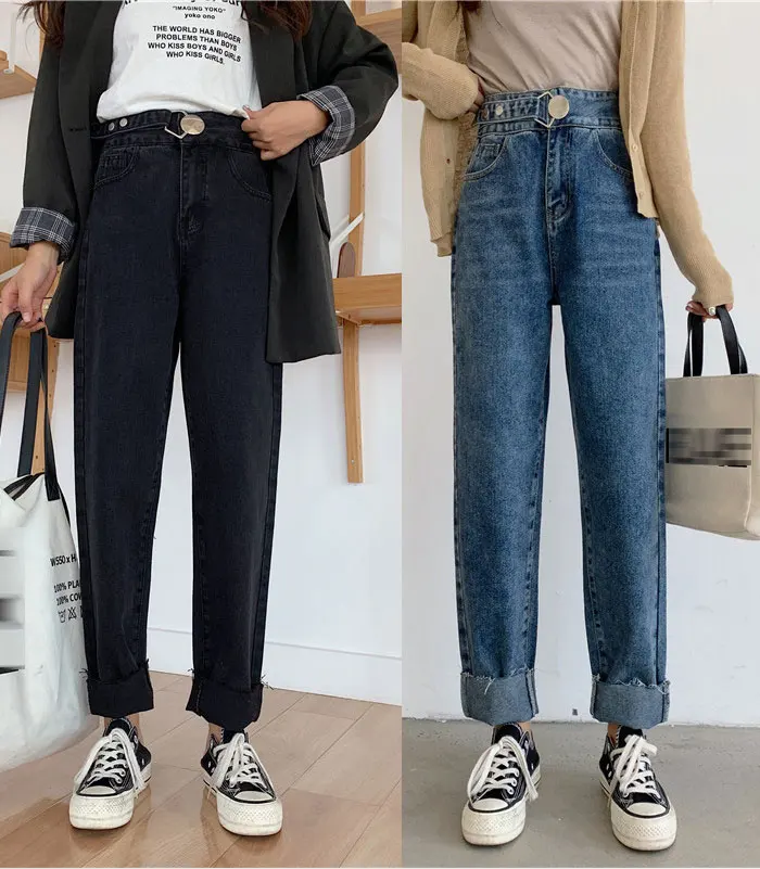 Свободные джинсы для женщин, новинка, модные однотонные прямые брюки с большой пряжкой, шерстяные джинсы, длинные женские штаны с высокой талией