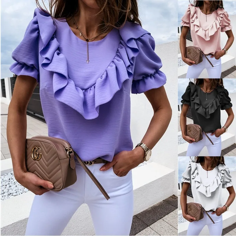Casual Crew Neck Ruffle Women Solid Blouse Shirt Bubble Sleeves Short Female Tops Splicing Loose Fit High Ladies | Женская одежда