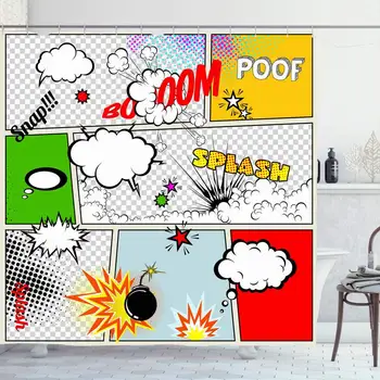

Shower Curtain Set with Hooks 66x72 Inches Box Grunge Graphic Retro Awaresome Comic Fun Shape Funny Think Speech Poof Bubbles