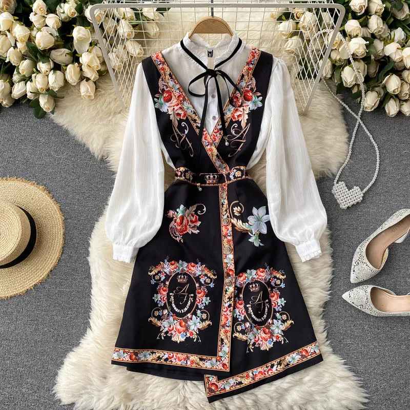 2021 Spring Autumn Elegant 2 Piece Set Overalls Dress Women Bow Collar White Shirt Top+ Irregular Flower Print V-Neck Vest | Женская