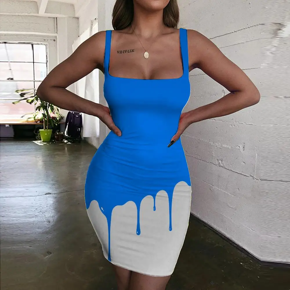 

KYKU Brand Graffiti Dress Women Pigment Halter Sleeveless Gradient Bodycon Dress Art Sundress Womens Clothing Plus Size Beach