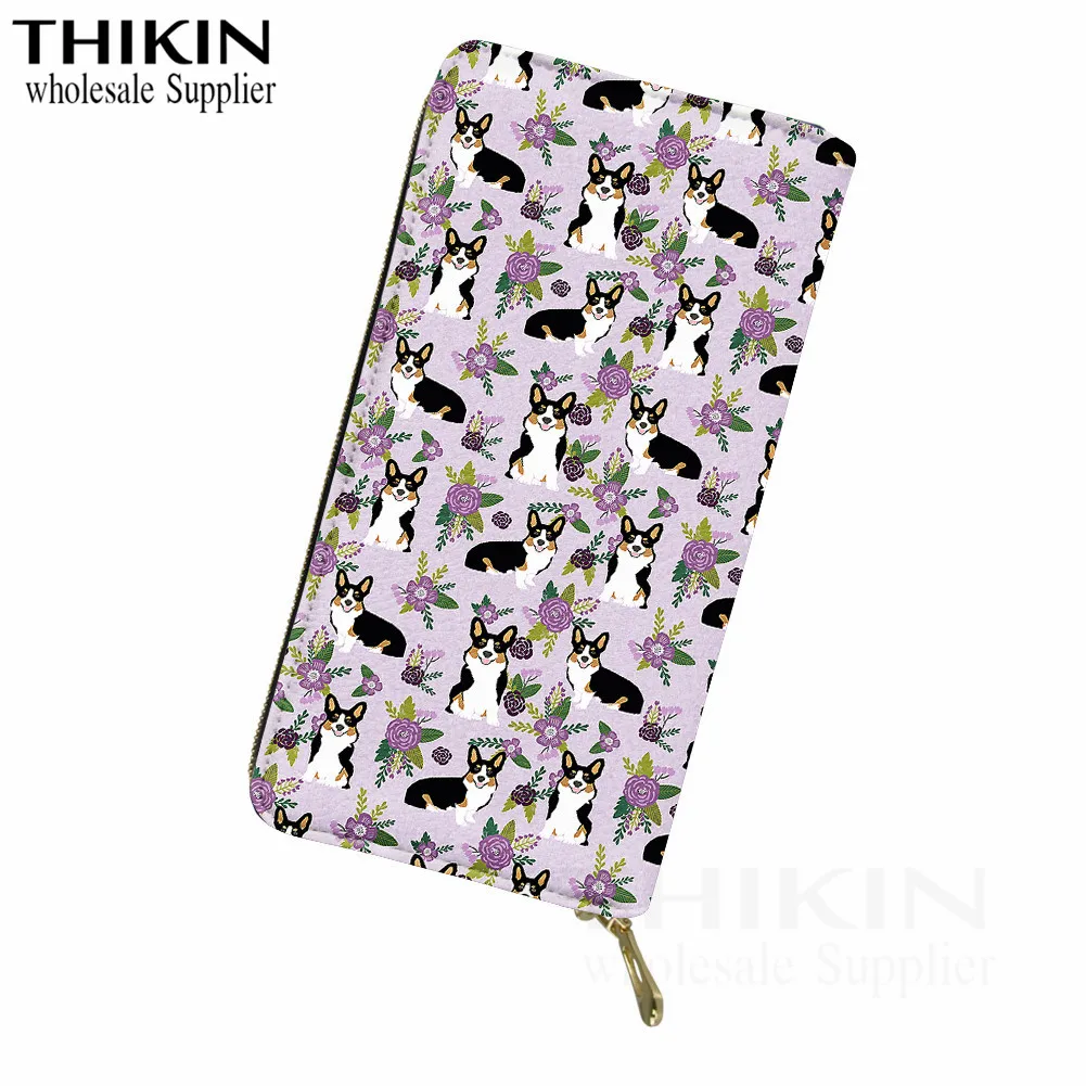 

THIKIN Short Leg Cute Corgi Women PU Leather Wallet Cartoon Flower Ladies Fashion Card Holder Large Capacity Clutch Phone Purse