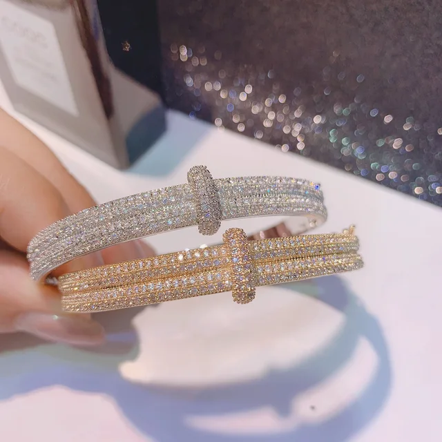 Luxury CZ Crystal Gold-plated Stainless Steel Women Bracelet Rhinestone  Sliding Bangle For Women's Wedding Wristband Jewelry - AliExpress