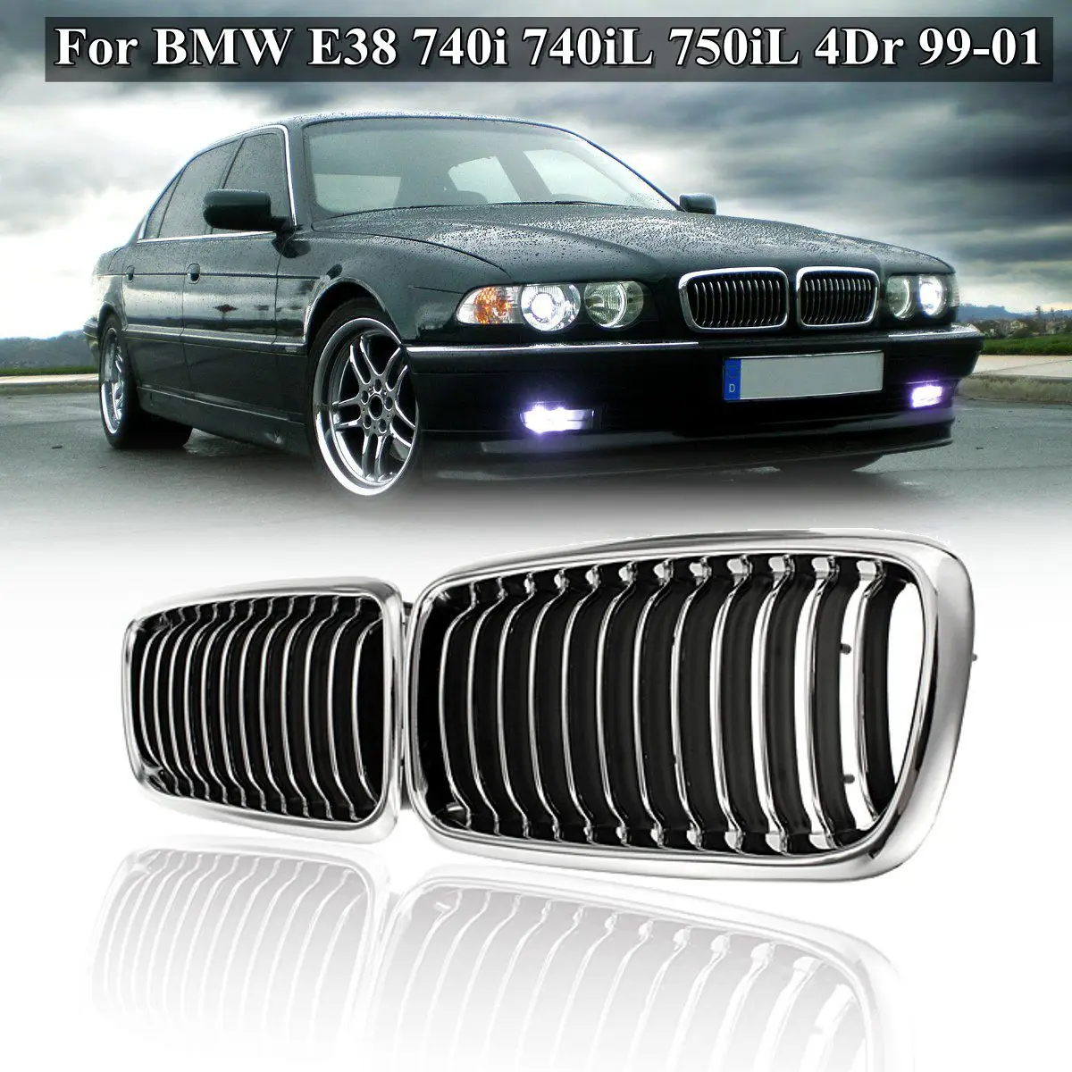 Chrome Front Kidney Grille Compatible with 1995-2001 BMW E38 740i 740iL 750iL Sedan 4 Door 