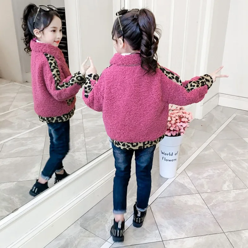 COOTELILI Warm Fur Kids Girls Coat Fashion Patchwork Leopard Winter Girls Jacket Children Clothes Thicken Fur Coat Pink Brown (2)