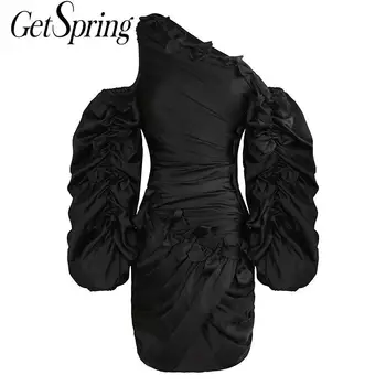 

Getspring Women Dress Ruffles Puff Sleeve Irregular Black Sexy Long Sleeve Asymmetry Vintage Sexy Black Dresses Women 2020 New