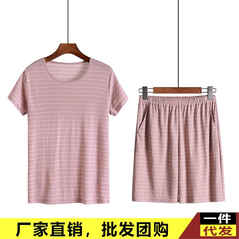 

Summer New Style Ladies Home Leisure Suit Thin Stripes Loose And Plus-sized Casual Short Half Sleeve Shorts Pajamas