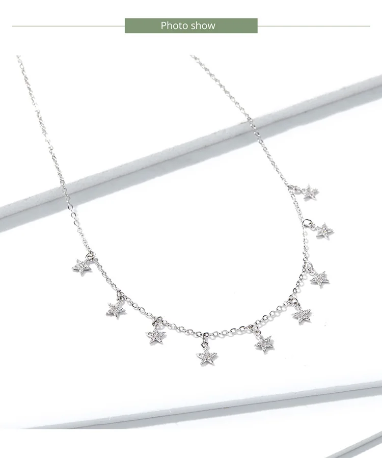 Ожерелье со звездой BISAER, 925 пробы, серебряное, стекируемое, звезда, светящееся, Женское Ожерелье s для женщин, воротник, Стерлинговое Серебро, ювелирное изделие EFN116