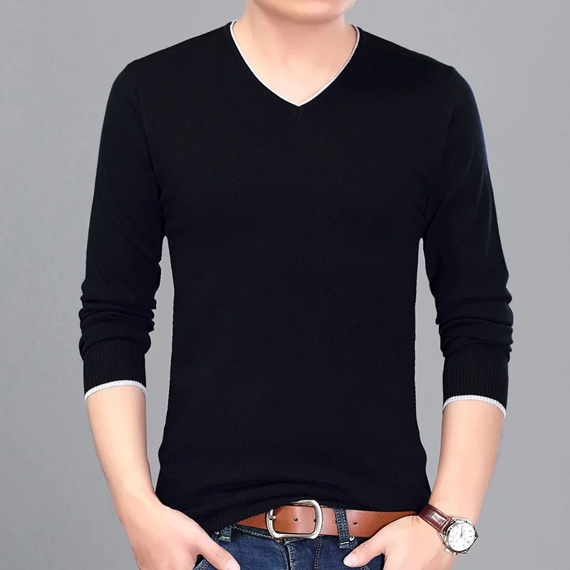 Черный Весна и осень сплошной цвет v-образным вырезом с длинными рукавами рубашка мужской свитер Простой дикий - Цвет: Черный