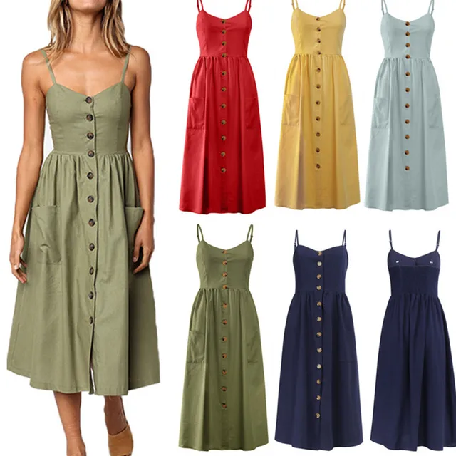 US $9.44 Women's Sexy Summer Midi Dresses Boho Backless Sleeveless Button Striped Dot Solid Midi Dress Slip