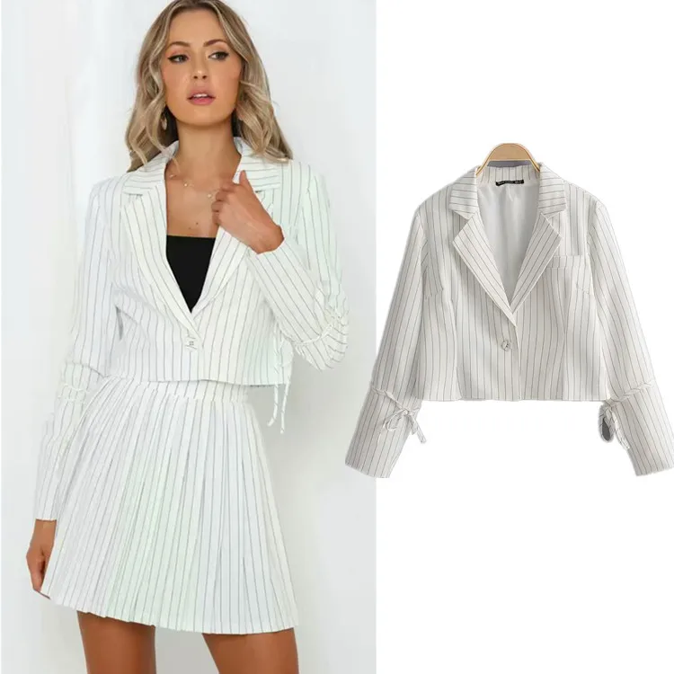 

Europe And America WOMEN'S Dress 2019 Autumn New Style Stripes Coat Short Fold-down Collar Versatile Small Suit