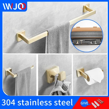

bathroom towel holder set golden square stainless steel wall mount washroom shelves storage rack shelf towel ring hooks