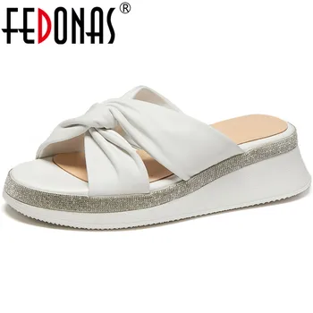 

FEDONAS 2020 Fashion Concise Wedged Flats Genuine Leather Platforms Peep Toe Women Slippers Newest Working Casual Shoes Woman