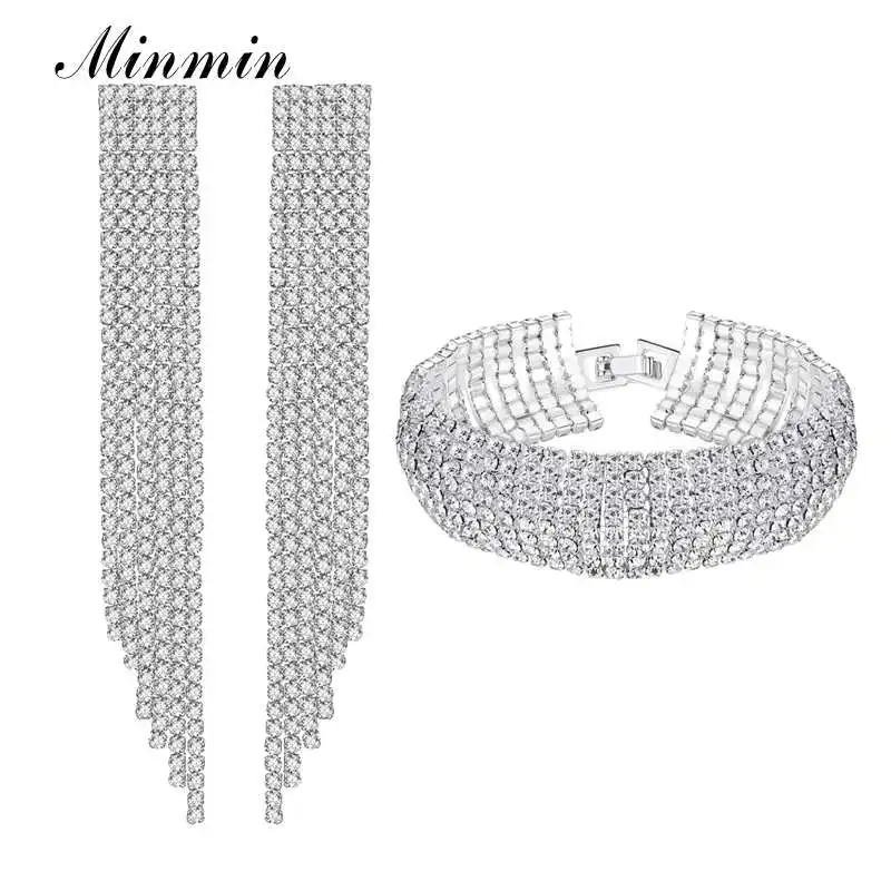Minmin серебряный цвет кристалл, Длинная кисточка свадебный набор украшений для женщин роскошные сверкающие свадебные серьги браслет набор MEH424+ SL341