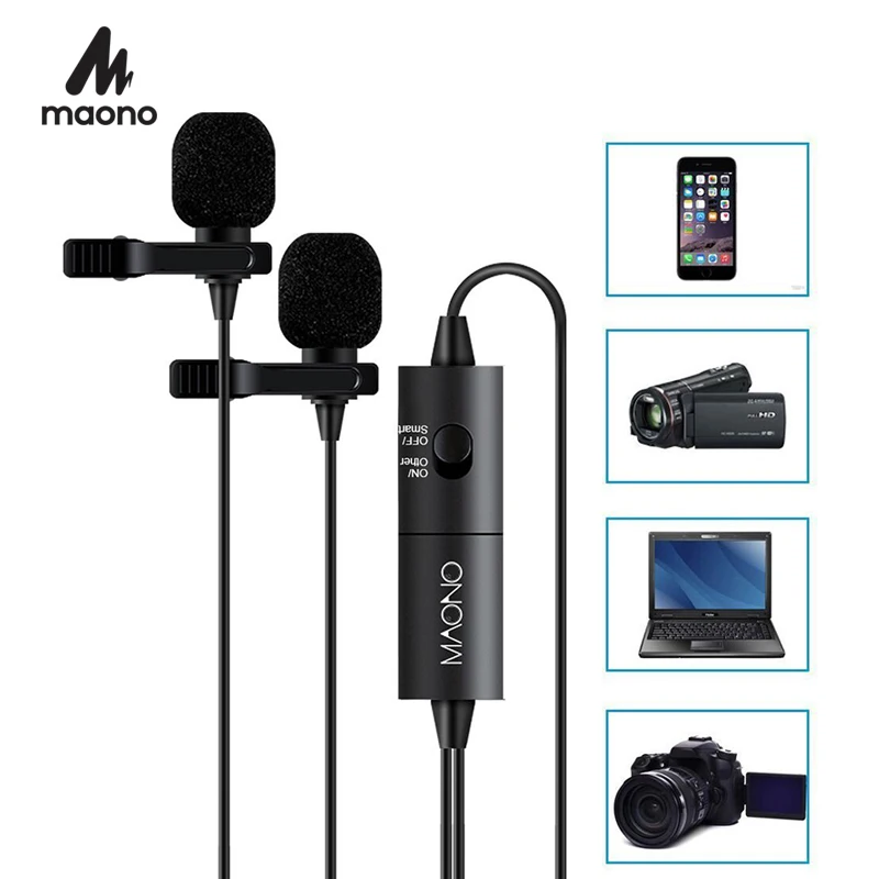 

MAONO Dual Lavalier Microphone HandsFree Clip-on Lapel Microphone Mini Collar Condenser Mic for Camera DSLR Phone PC Laptop