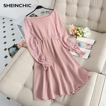 

Spring Autumn Women Sweet Slash Neck Knitted Patchwork Dress Women's 2020 New Pink/Black/Beige Dot Long Sleeve Knit Dress Female