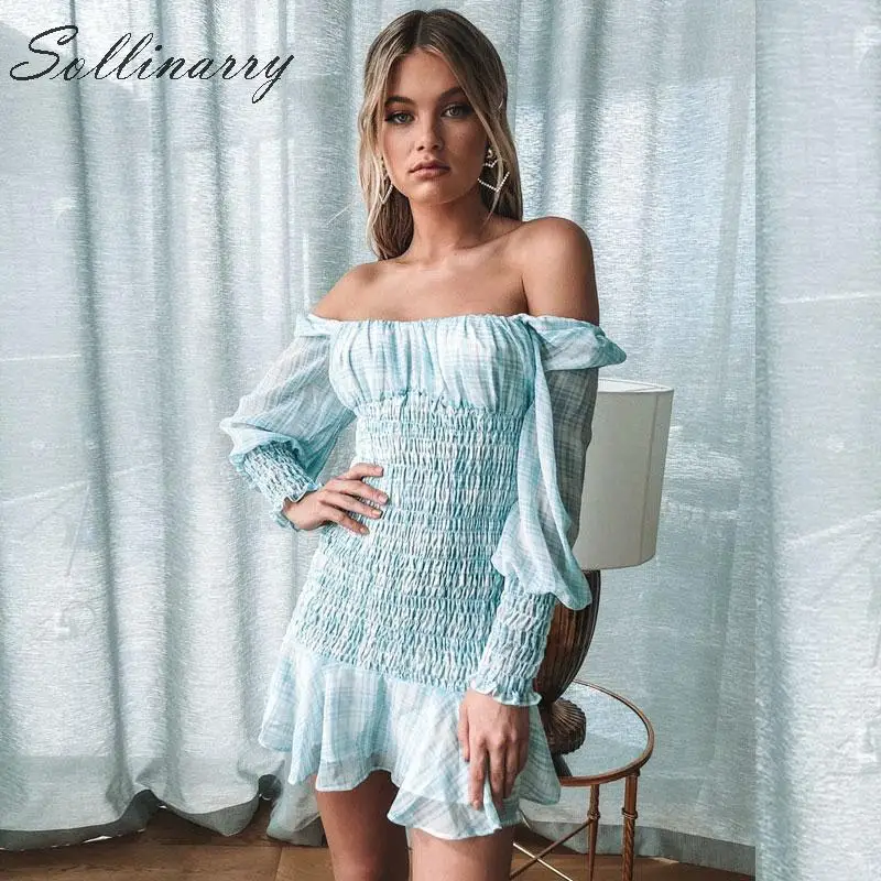 Sollinarry синее платье с открытыми плечами короткое Для женщин 2019 в клетку длинным
