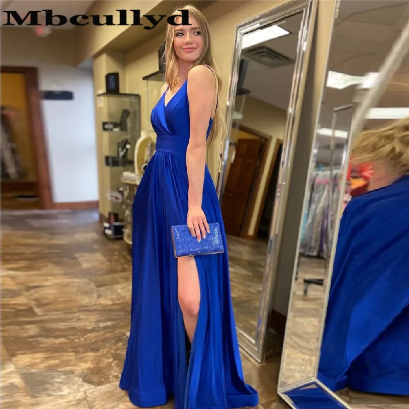 Mbcullyd Royal Blue Prom Dresses Long 2020 Sexy High Split Evening Dress Party Gowns Deep V-neck vestidos de fiesta noche | Свадьбы и