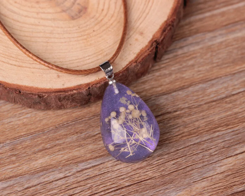 Модное простое прозрачное ожерелье с кулоном в виде сухих цветов в форме капли воды, очаровательное светящееся цветное ювелирное изделие из смолы с кристаллами для женщин - Окраска металла: purple