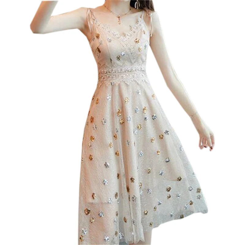 

Elegant Mesh Lace A-Line Dresses Lady Casual Summer Style Sleeveless Spaghetti Strap A-Line Dress Vestidos SS457