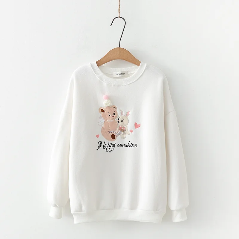 Белый Merry Pretty женские толстовки с капюшоном Harajuku мультфильм медведь вышивка Толстый Пуловер с длинным рукавом o-образным вырезом свободный спортивный костюм - Цвет: Белый
