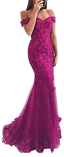 Off the Shoulder Long Mermaid Evening Dresses Lace abiti da sera Applique Robe De Soiree longue Formal Gowns abiye gece elbisesi Fuchsia