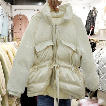 

Sequin Cotton Padded Clothes Women's Winter Coat New Korean Loose Waist Warm Bread Coat Winter Jacket Women Silver Parka