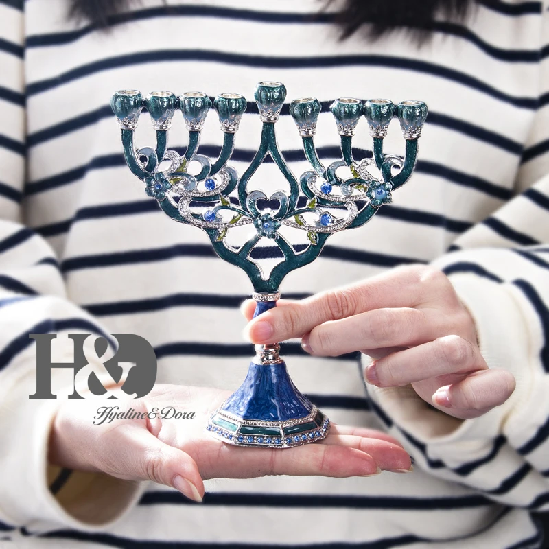 H&D, ручная роспись, эмалированный канделябр Menorah, украшенный синими кристаллами, иудаизм, подсвечники Chanukah, 9 веток канделябры