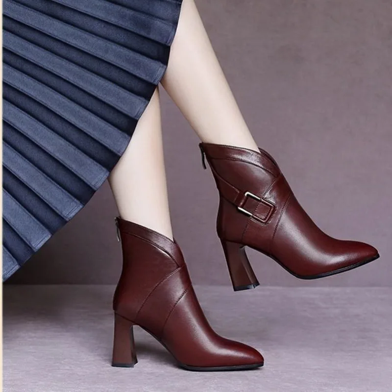 Microfiber Leather Short Boots Female Ankle Boot Women's Shoes British Style Pointed Toe Buckle Square Heel Footware Brown Black