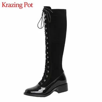 

Krazing Pot high fashion streetwear genuine leather boots rivets round toe med heels lace up women winter thigh high boots L5f2
