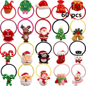 

60 Pieces Cute Christmas Hair Ties for Baby Toddlers Girls with Xmas Tree Santa Claus Snowman Decor