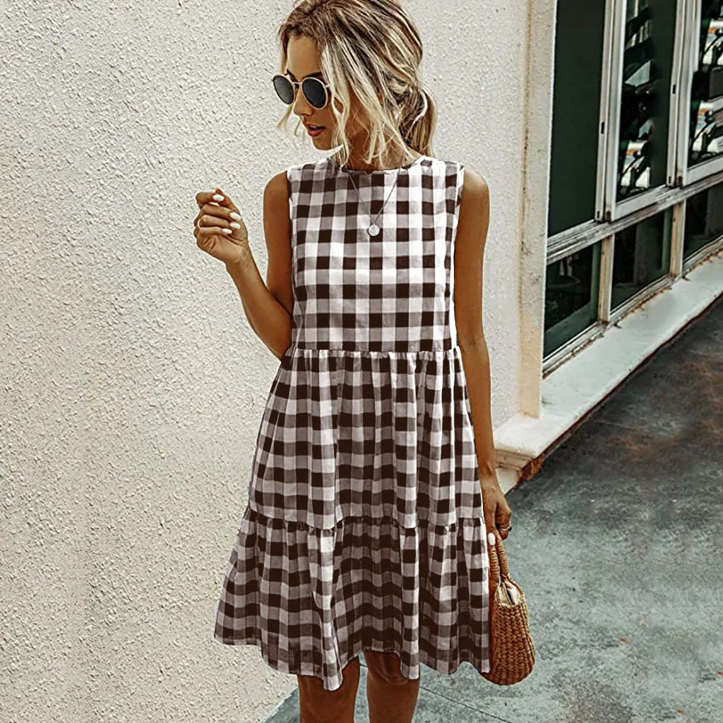 Jocoo Jolee Women Elegant Plaid Sundress Casual Summer Sleeveless A Line Dress Retro Beach Dress Evening Party Dress Vestidos satin dress