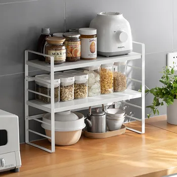

Two Layers Metal Shelf Tableware Seasoning Spices Organizer Adjustable Storage Rack for Home Kitchen
