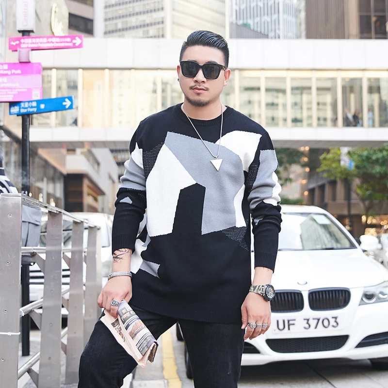 GXXH Large Men's Brand Autumn Dress Fat Guy Irregular Pattern Round Neck Loose Fit Personality Sweater Fashion Knitted Sweater