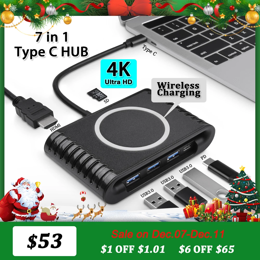 

USB Type-C to HDMI HUB USB 3.0 PD Wireless Charging SD TF Card Reader Adapter Support DELL Docking Station 7 in 1 Type C HUB