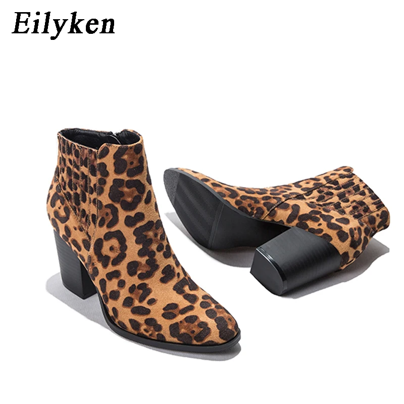 EilyKen/; женские ковбойские ботинки в байкерском стиле в ковбойском стиле; леопардовые ботильоны на высоком каблуке без застежки в ковбойском стиле - Цвет: Leopard grain
