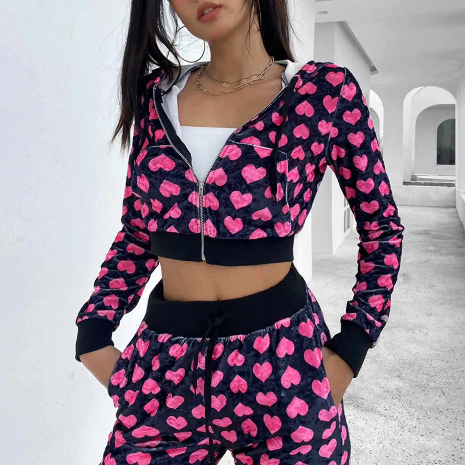 Velour Tracksuits for Women Long Sleeve Zipper Heart Print Hoodie Jacket Loose Coat Suit Set