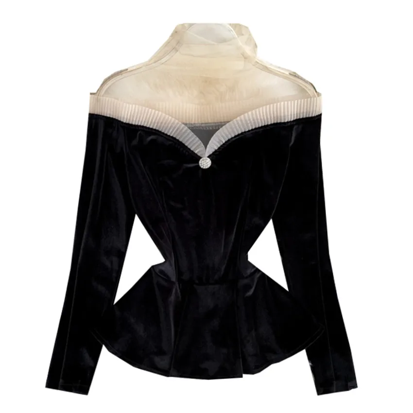 New Autumn Women Gold Velvet Blouse Girl Mesh Patchwork Shirt Spring Long Sleeve Blousas Basic Tops Pullovers Bottomings WZ1268 2