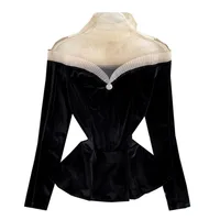 New Autumn Women Gold Velvet Blouse Girl Mesh Patchwork Shirt Spring Long Sleeve Blousas Basic Tops Pullovers Bottomings WZ1268 2